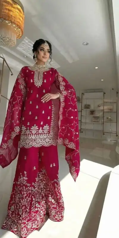 Red Organza Silk Embroidery Lace Work Salwar Suit