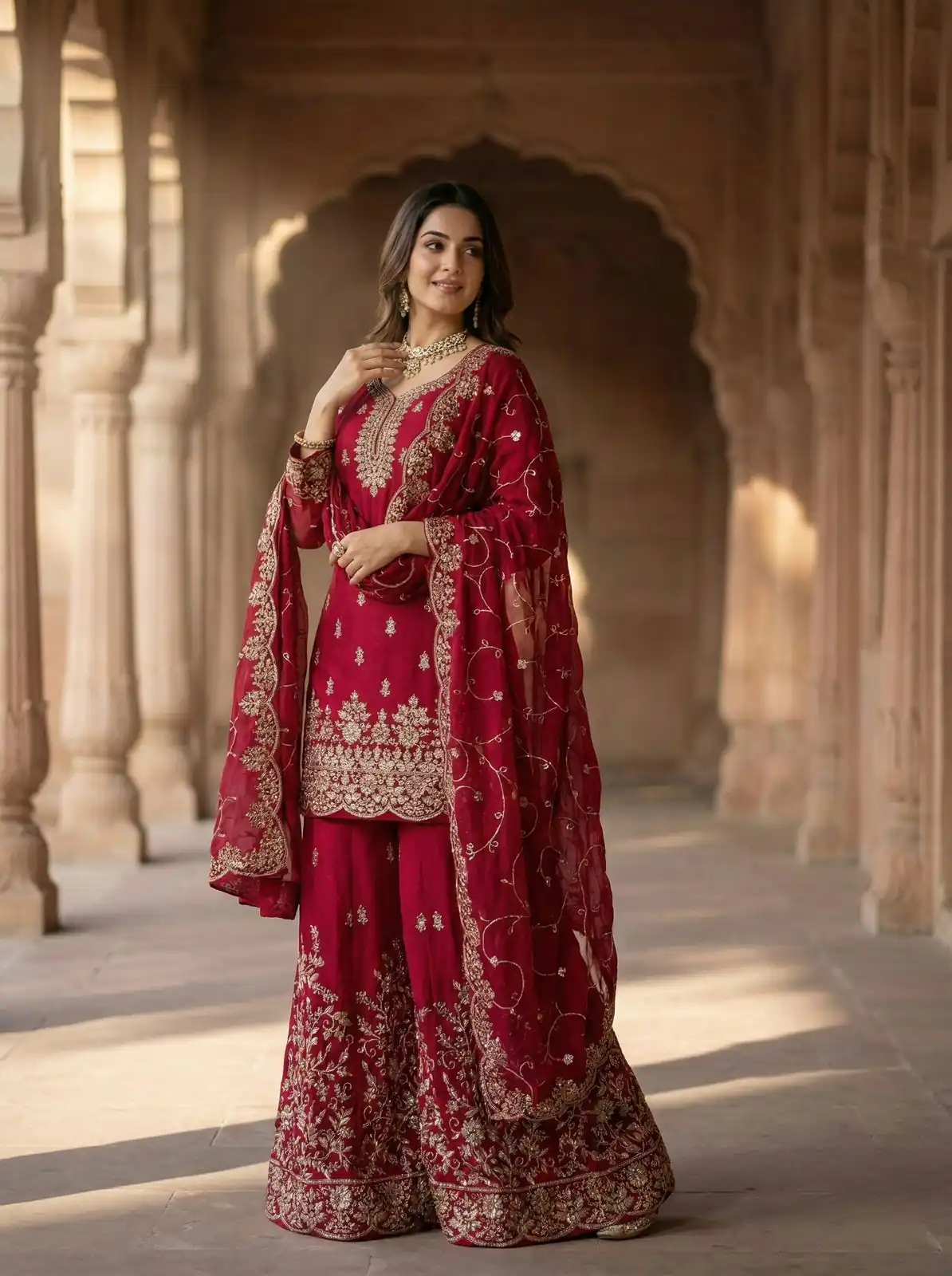 Red Organza Silk Embroidery Lace Work Salwar Suit - Image 7