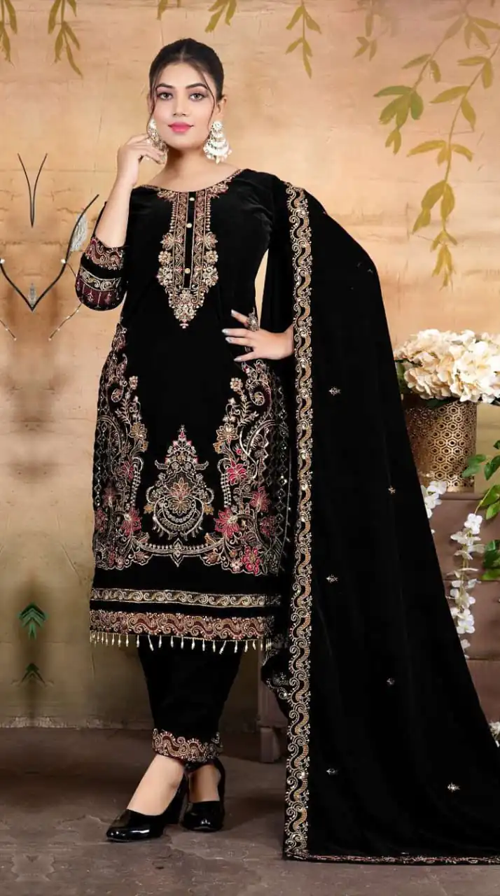Black Velvet Embroidery Lace Work Salwar Suit