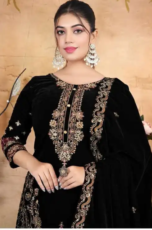 Black Velvet Embroidery Lace Work Salwar Suit - Image 2