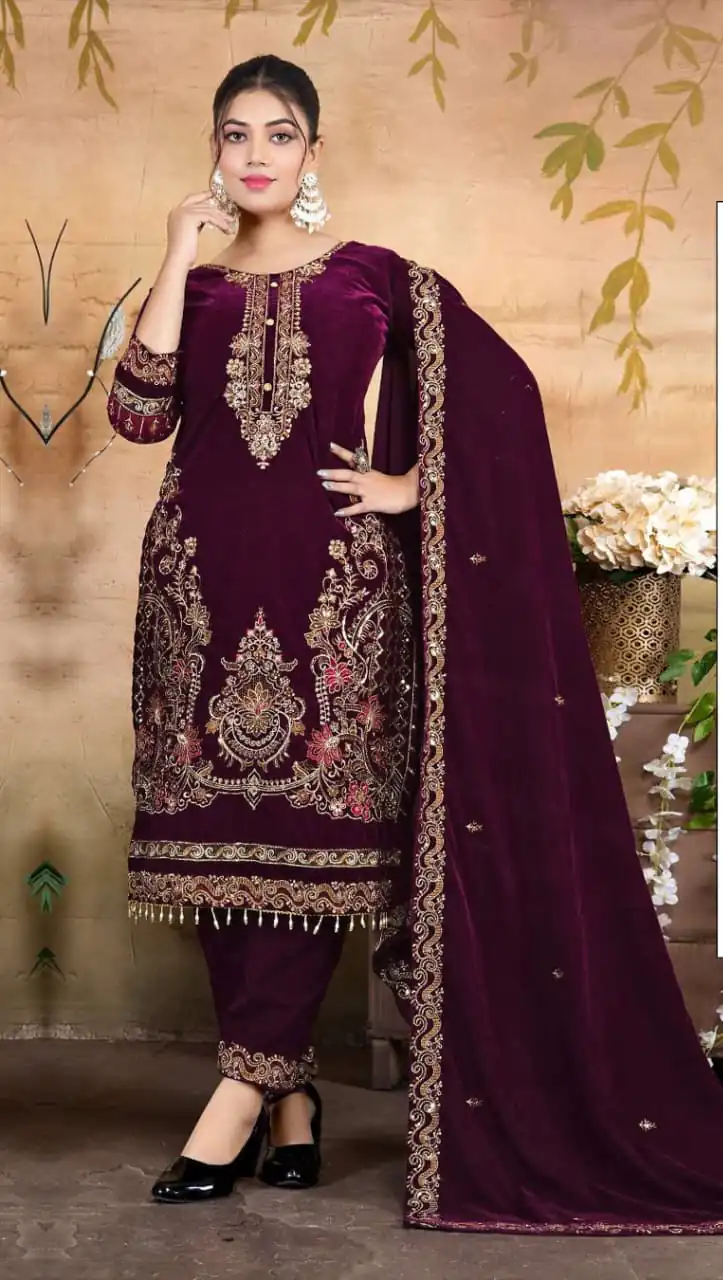Wine Velvet Embroidery Lace Work Salwar Suit