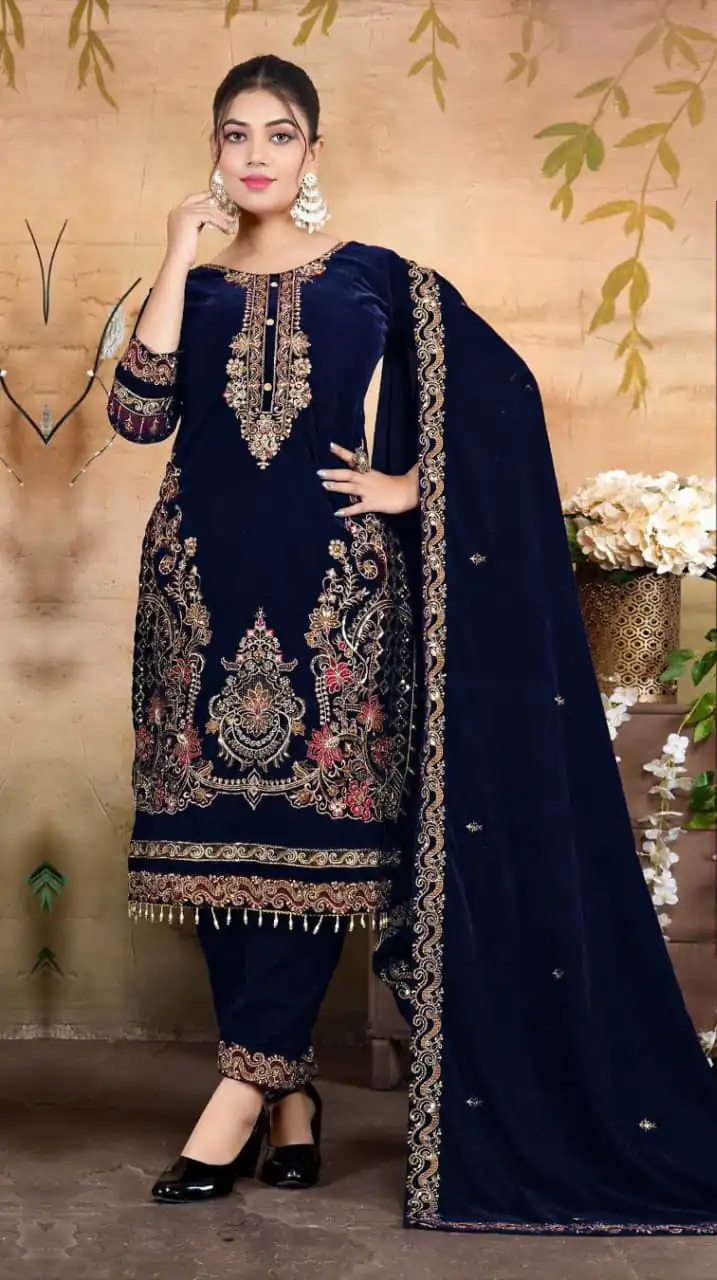 Navy Blue Velvet Embroidery Lace Work Salwar Suit