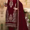 Maroon Velvet Embroidery Lace Work Salwar Suit