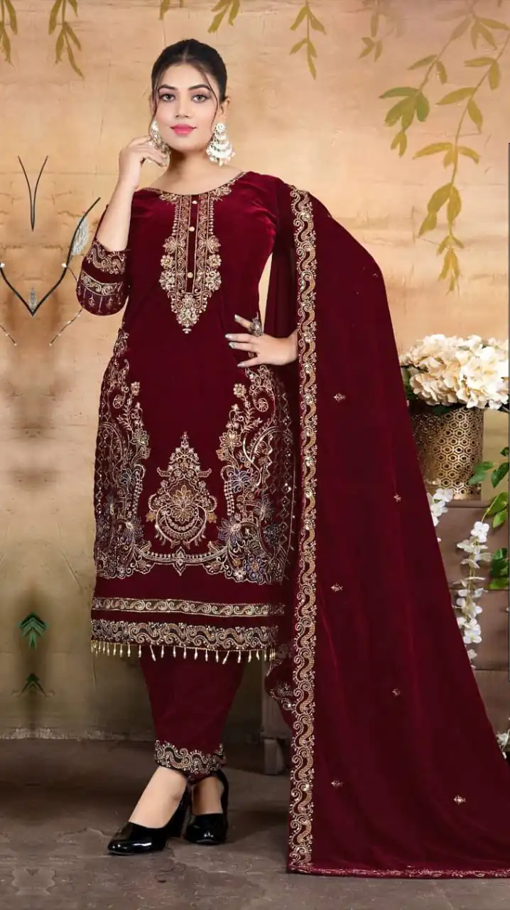 Maroon Velvet Embroidery Lace Work Salwar Suit