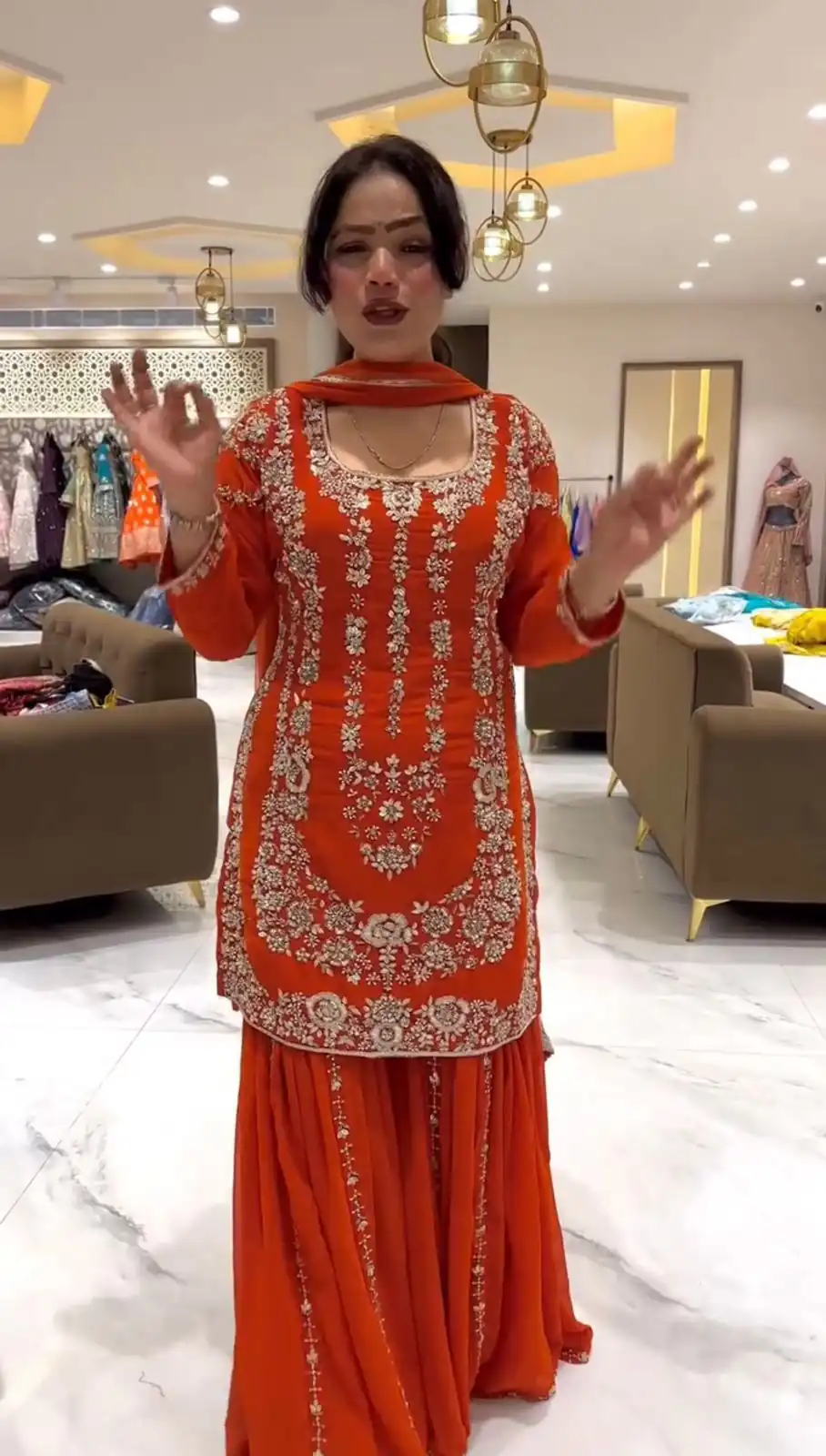 Rust Faux Georgette Lace Work Salwar Suit