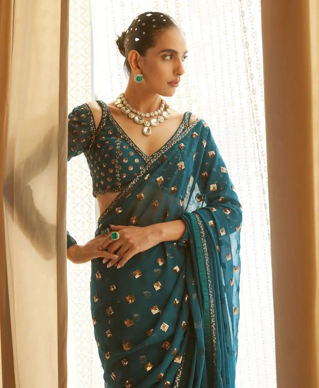 Teal Faux Georgette Embroidery Sequins Work Saree - Image 2
