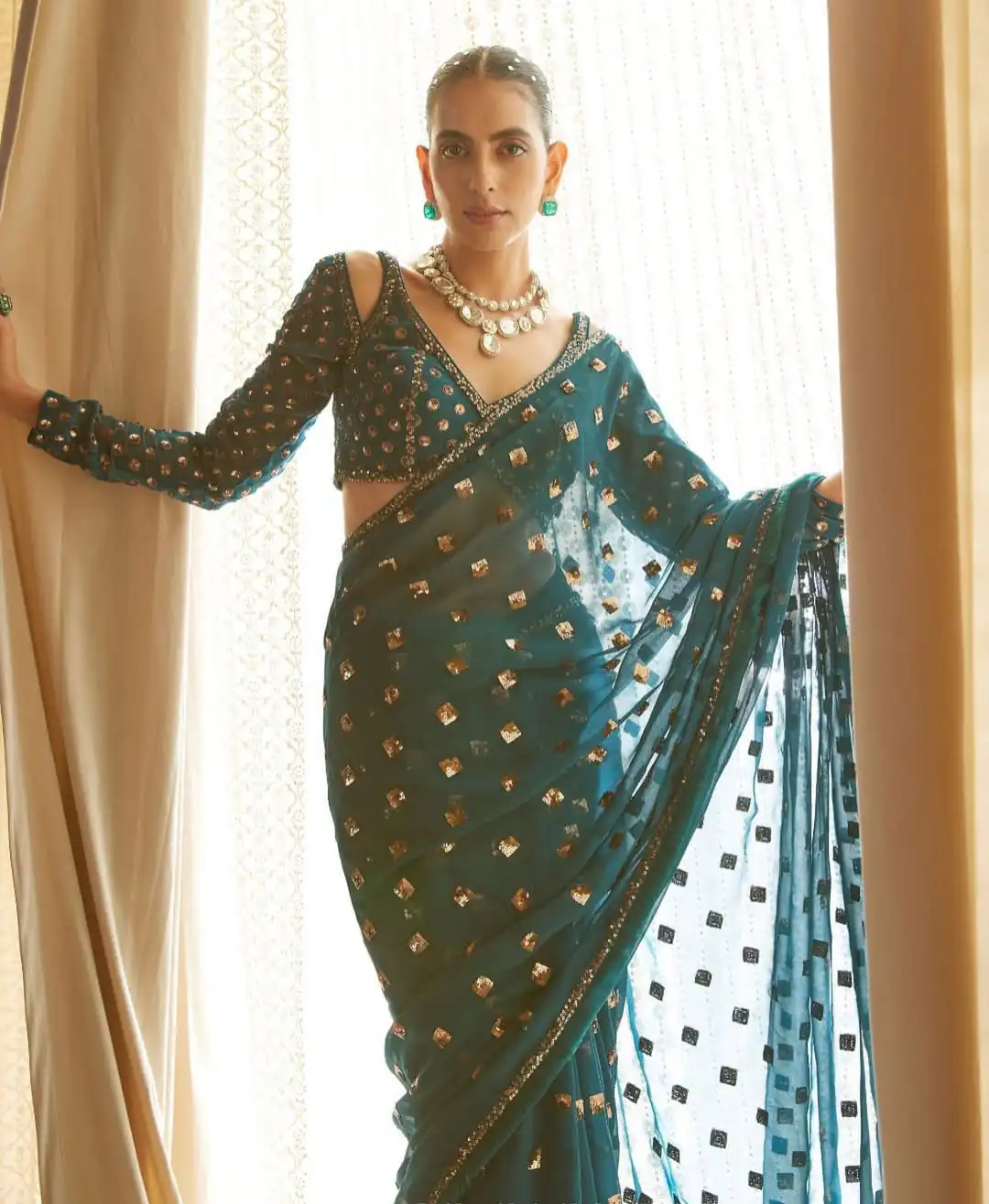 Teal Faux Georgette Embroidery Sequins Work Saree - Image 3