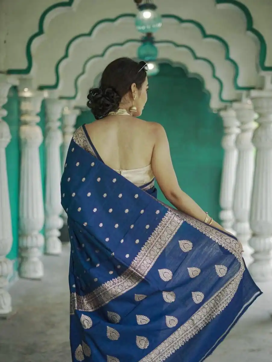 Blue Soft Lilan Slab Weaving Work Saree - Image 4