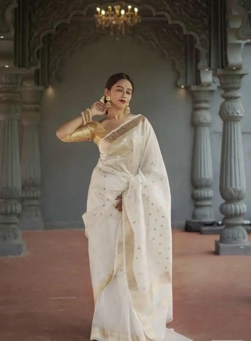 White Soft Lilan Slab Weaving Work Saree - Image 4