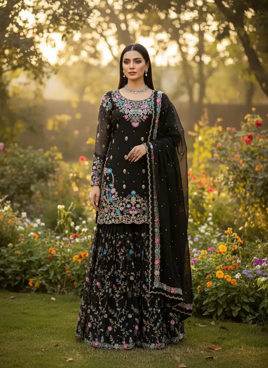 Black Organza Silk Sequence Moti Work Salwar Suit - Image 3