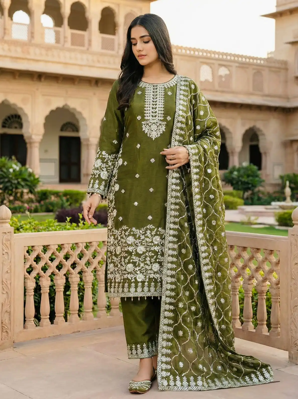 Mahendi Organza Silk Embroidery Lace Work Salwar Suit - Image 4