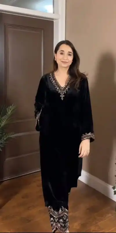 Black Viscose Velvet Thread Work Salwar Suit