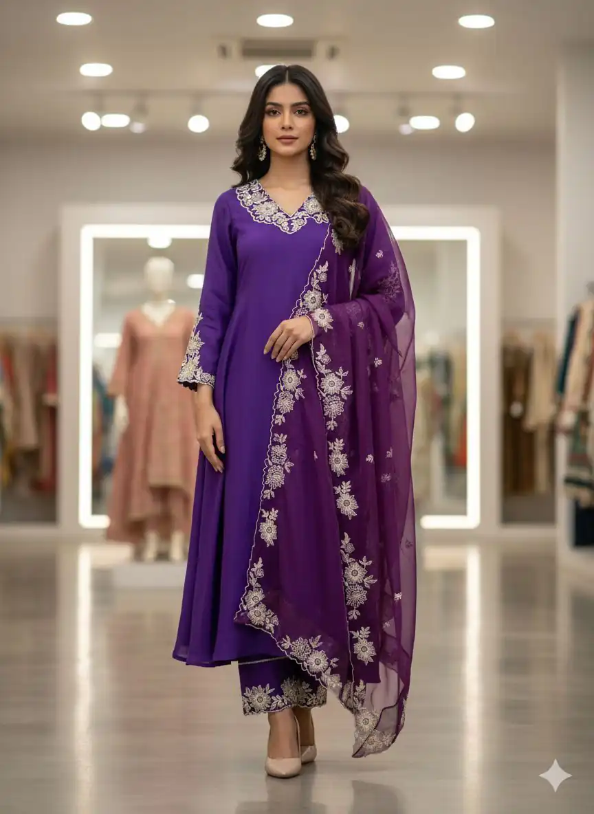 Purple Roman Silk Embroidery Work Salwar Suit