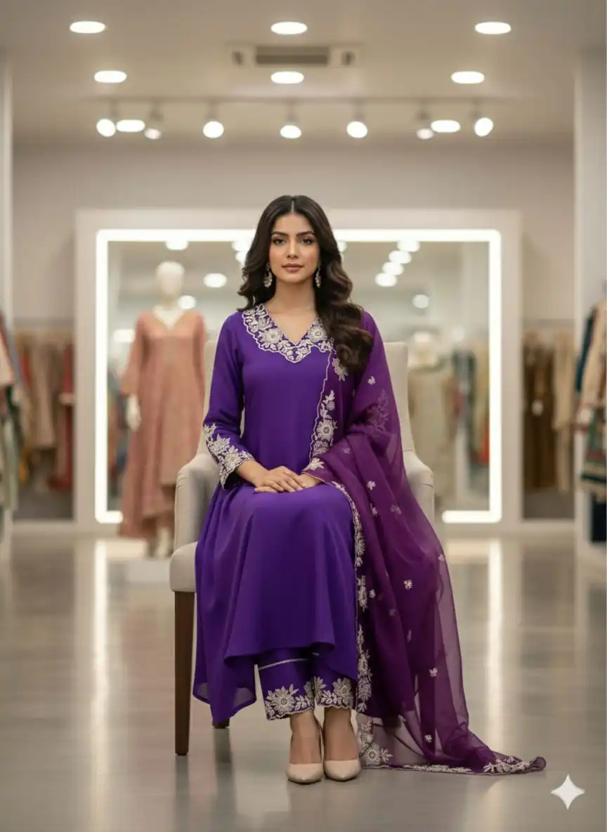 Purple Roman Silk Embroidery Work Salwar Suit - Image 2