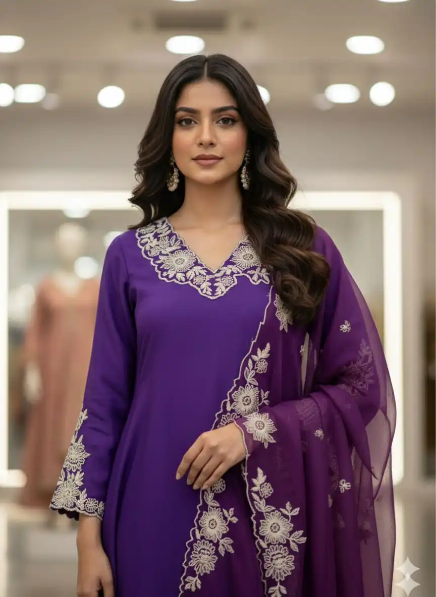 Purple Roman Silk Embroidery Work Salwar Suit - Image 3