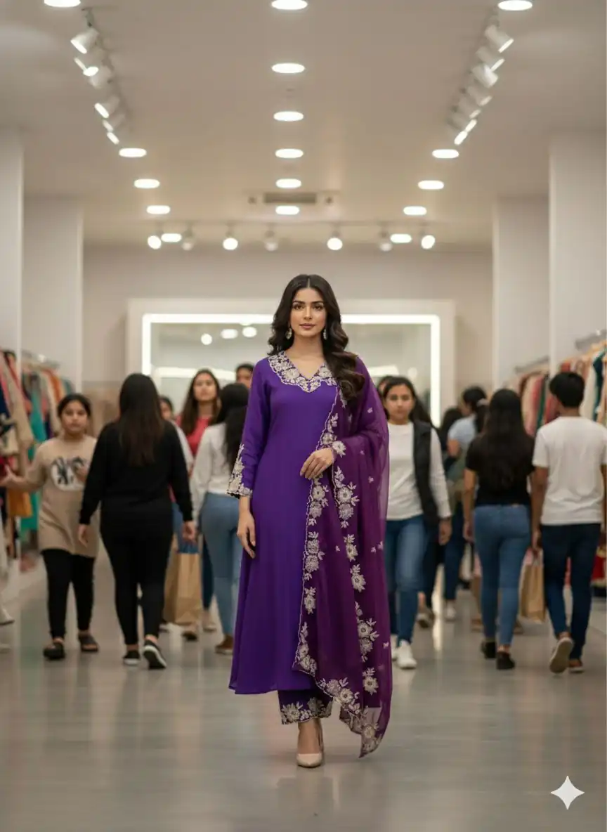 Purple Roman Silk Embroidery Work Salwar Suit - Image 4