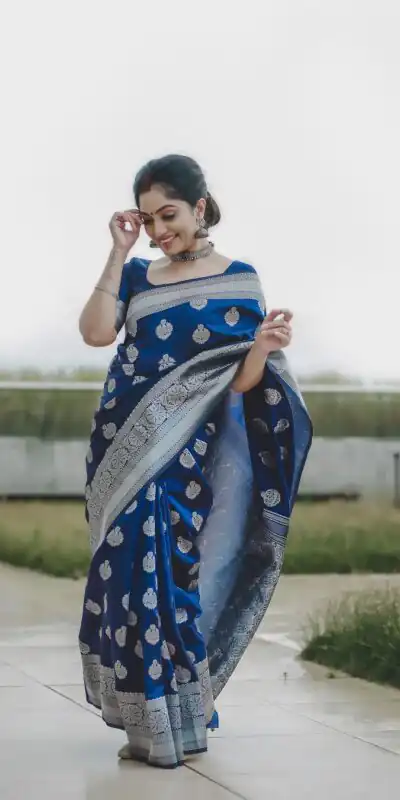 Navy Blue Soft Lichi Silk Lace Border Work Saree