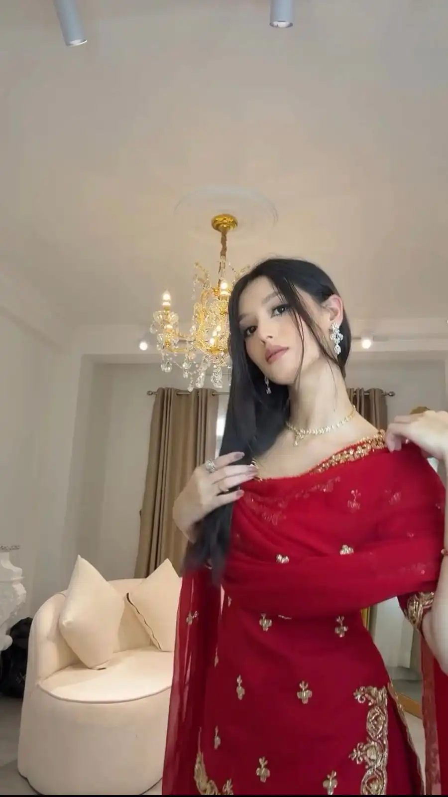 Red Faux Georgette Thread Sequence Work Salwar Suit - Image 3