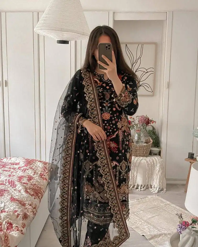 ST 169 Black in Faux Georgette Designer Work Salwar Suit . Wedding, Party, Festive, Events, Get it for ₹2049. Delivery 4-6 Working Days. Shop now. | Jump Suits, Salwar suit, Casual Suits, Creative suits, Designer Suits, Palazzo Suits, Party Wear Suits, Patiala Suits, Straight Suits