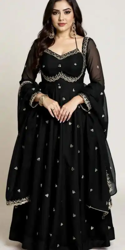 MF 1003 Black Georgette Gown. Perfect for Wedding, Party, Pongal, Bridal Wear, Anniversary – Affordable Price ₹1799. Delivery 4-6 Working Days. Shop now. | Gowns, Bollywood Gowns, Creative Gowns, Designer Gowns, Embroidered Gowns, Party Wear Gowns