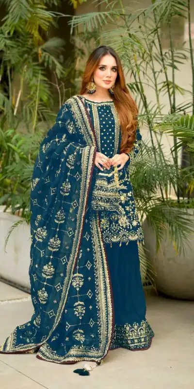 AD 213 Blue Khajuri Crush Georgette Salwar Suit with Lace Work & Embroidery Work. Festive Deal ₹2649. Delivery 4-6 Working Days. Shop now. | Jump Suits, Tops & Bottoms, Track Suits, Salwar suit, Casual Suits, Creative suits, Designer Suits, Palazzo Suits, Party Wear Suits, Patiala Suits, Straight Suits, Trendy Wear
