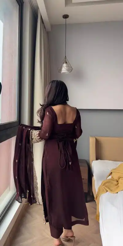 ZSR 3156 Brown Georgette Salwar Suit with Embroidery Work. Wedding, Party, Festive, Events, Grab it for ₹2049. Delivery 4-6 Working Days. Shop now. | Jump Suits, Salwar suit, Casual Suits, Creative suits, Designer Suits, Palazzo Suits, Party Wear Suits, Patiala Suits, Straight Suits