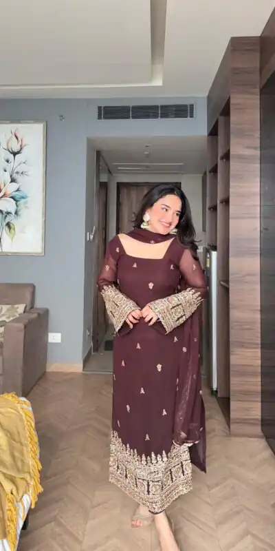 ZSR 3156 Brown Georgette Salwar Suit with Embroidery Work. Wedding, Party, Festive, Events, Grab it for ₹2049. Delivery 4-6 Working Days. Shop now. | Jump Suits, Salwar suit, Casual Suits, Creative suits, Designer Suits, Palazzo Suits, Party Wear Suits, Patiala Suits, Straight Suits