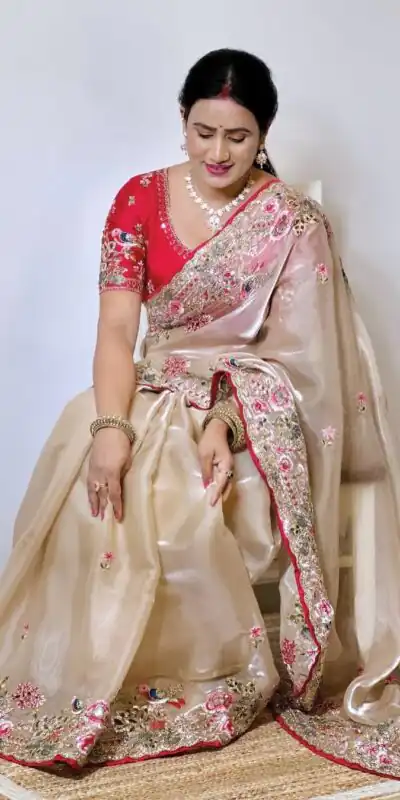 SC 1008 Cream Organza Silk Saree Perfect for Wedding, Party, Eid, Makar Sankranti, Anniversary –. Affordable Price ₹2399. Delivery 4-6 Working Days. | Sarees, Bollywood Sarees, Creative Sarees, Designer Sarees, Embroidered Sarees, Ethnic Saree, Modern Digital sarees, Party Wear Sarees