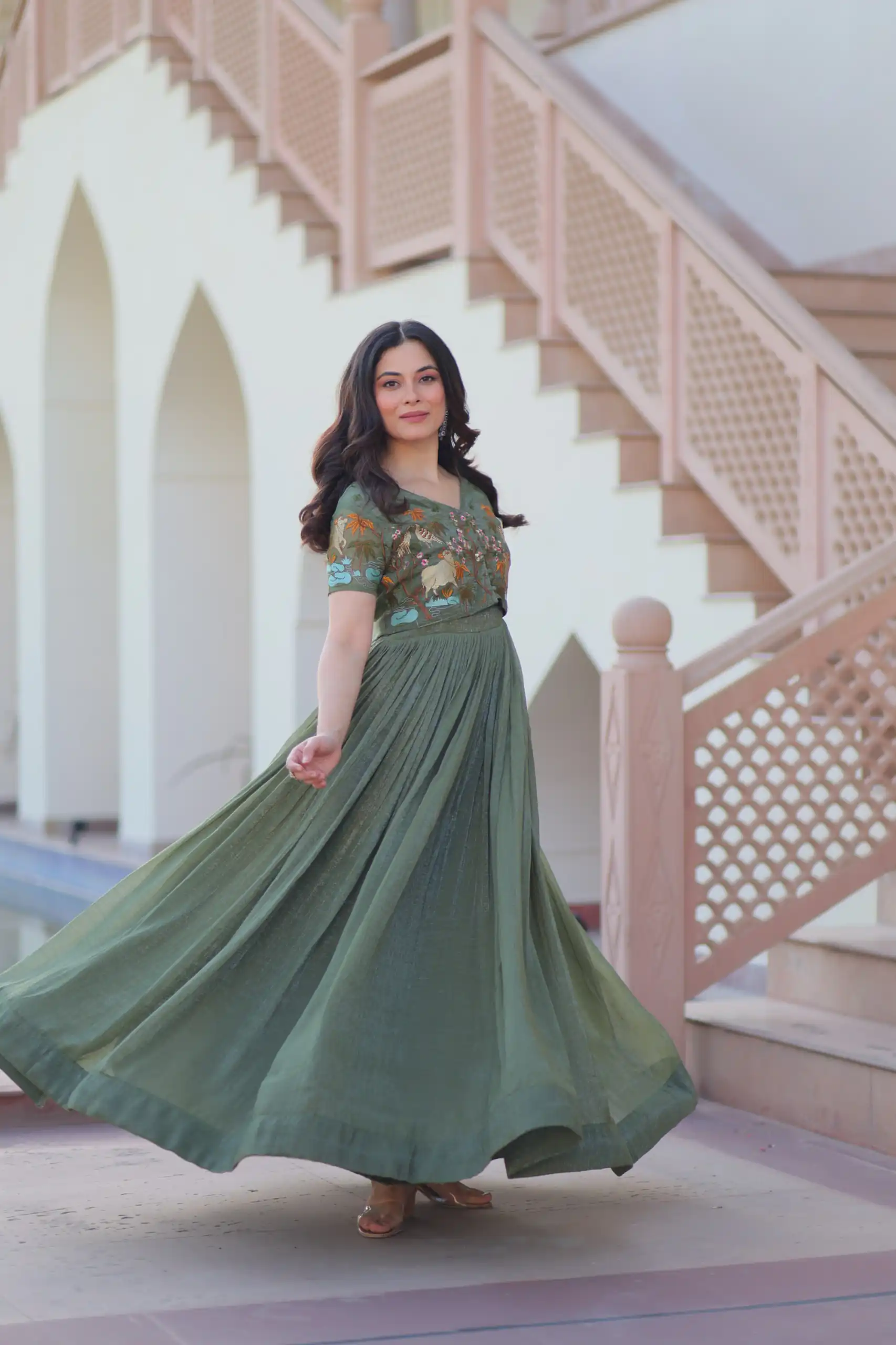 KA 1170 Dark Pista Color Silver Crunchy Gown with Embroidery Work. Introductory Price ₹1799. Delivery 4-6 Working Days. Shop now. | Gowns, Bollywood Gowns, Creative Gowns, Designer Gowns, Embroidered Gowns, Party Wear Gowns
