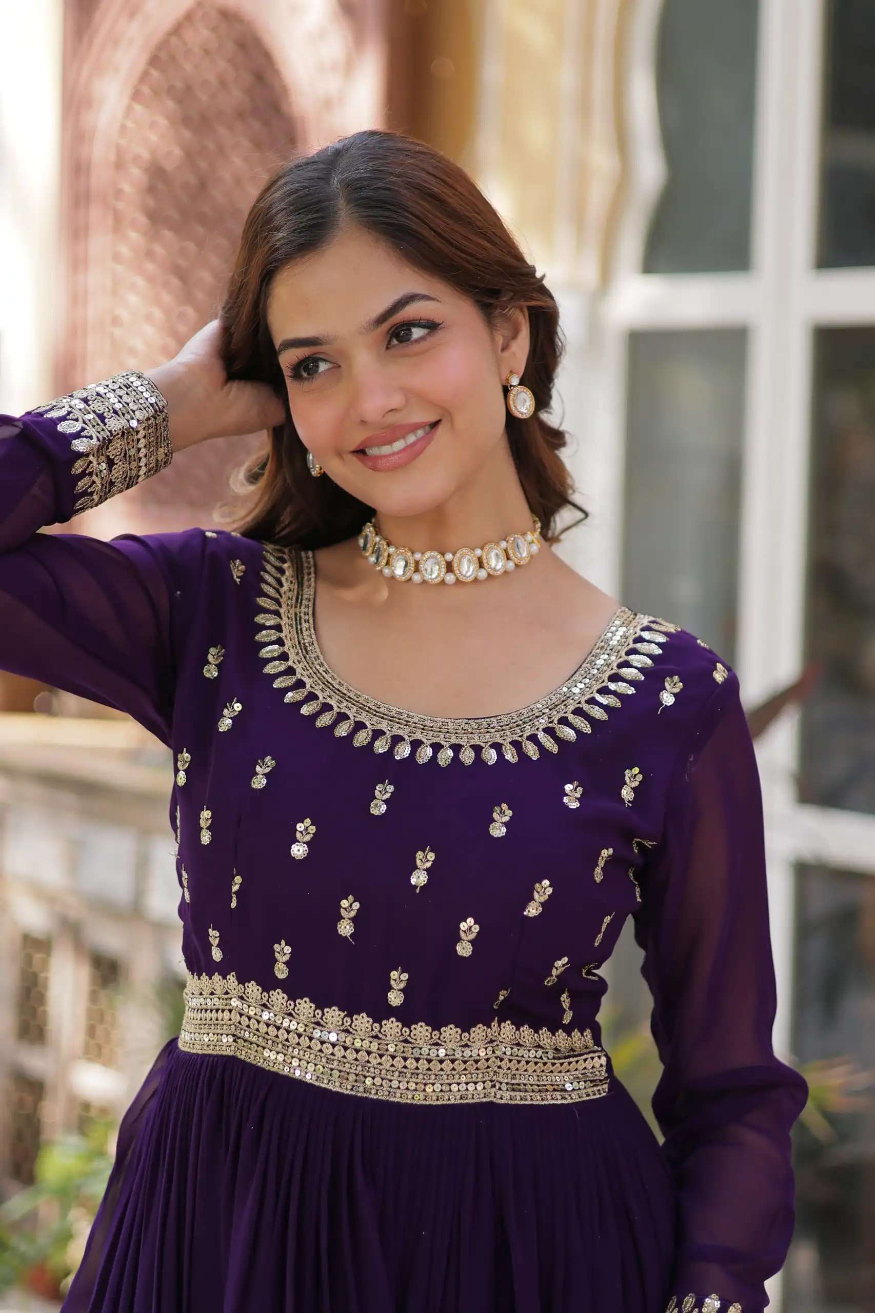 KA 1144 Dark Purple Faux Blooming Gown with Embroidery Work & Zari Work. Exclusive Offer ₹2449. Delivery 4-6 Working Days. Shop now. | Gowns, Bollywood Gowns, Creative Gowns, Designer Gowns, Embroidered Gowns, Party Wear Gowns