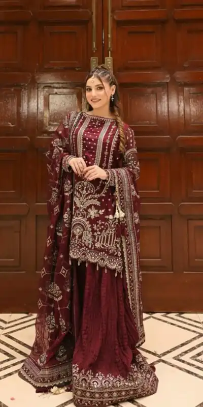 AD 213 Maroon Khajuri Crush Georgette Salwar Suit with Lace Work & Embroidery Work. Festive Deal ₹2649. Delivery 4-6 Working Days. Shop now. | Jump Suits, Salwar suit, Casual Suits, Creative suits, Designer Suits, Palazzo Suits, Party Wear Suits, Patiala Suits, Straight Suits