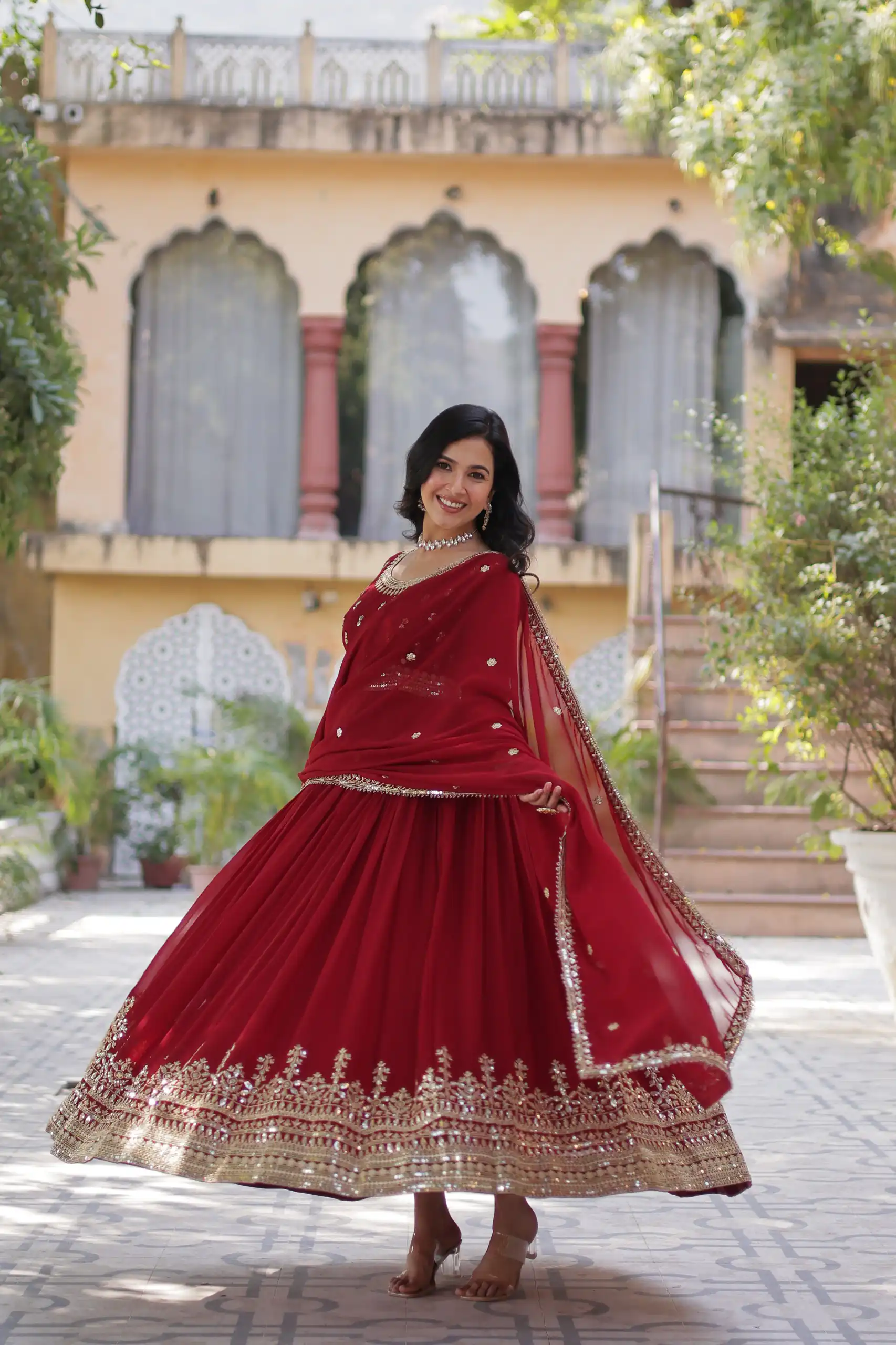 KA 1144 Maroon Faux Blooming Gown with Embroidery Work & Zari Work. Exclusive Offer ₹2449. Delivery 4-6 Working Days. Shop now. | Gowns, Bollywood Gowns, Creative Gowns, Designer Gowns, Embroidered Gowns, Party Wear Gowns