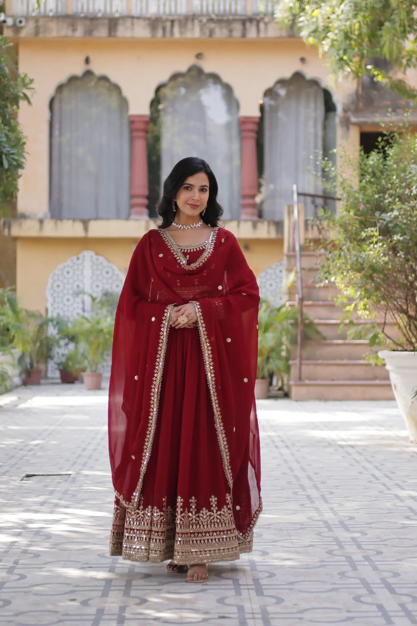 KA 1144 Maroon Faux Blooming Gown with Embroidery Work & Zari Work. Exclusive Offer ₹2449. Delivery 4-6 Working Days. Shop now. | Gowns, Bollywood Gowns, Creative Gowns, Designer Gowns, Embroidered Gowns, Party Wear Gowns