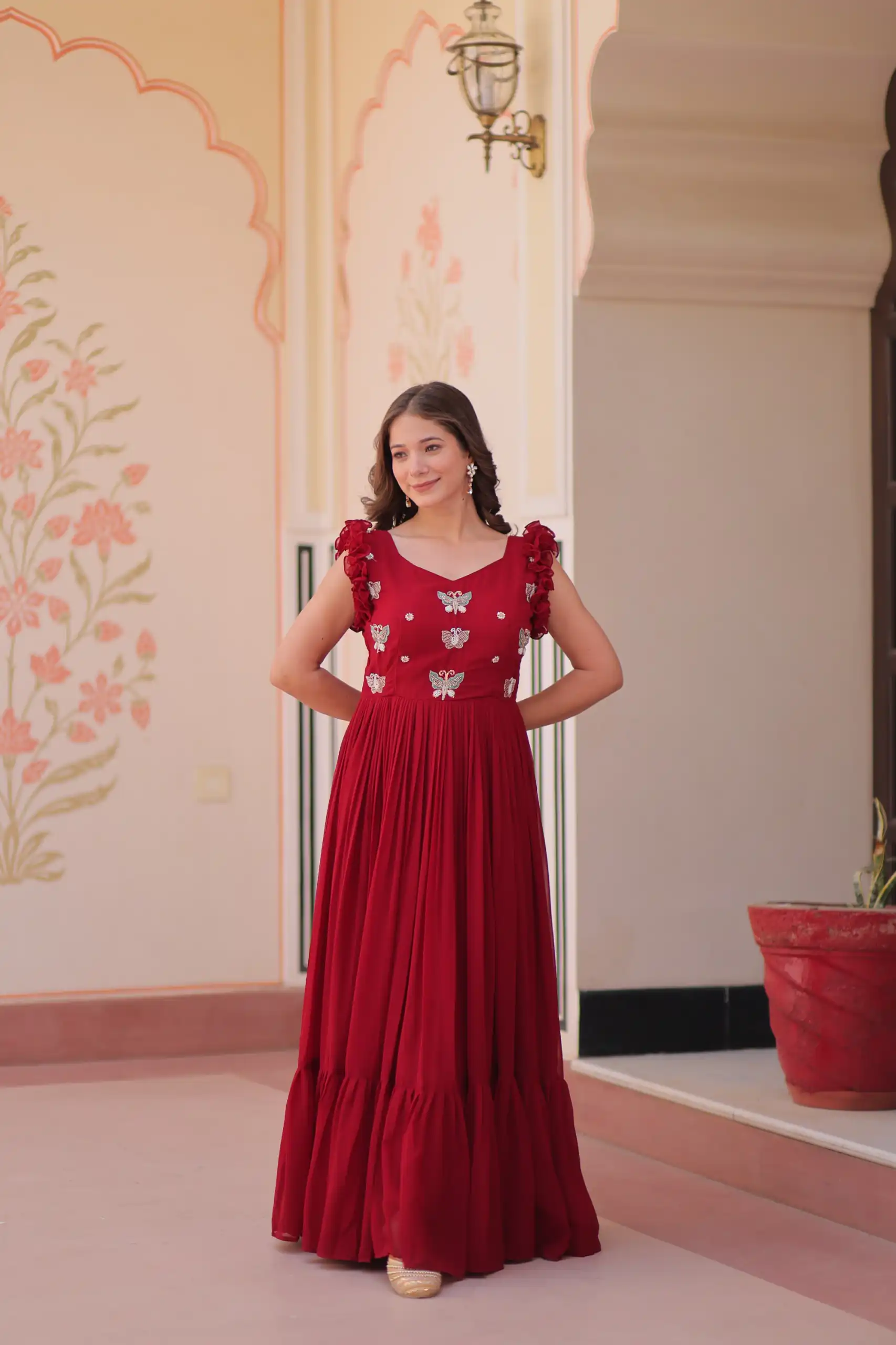 KA 1174 Maroon Faux Blooming Gown Perfect for Wedding, Party, Housewarming, Baby Shower, Raksha Bandhan – . Now at just ₹1699. Delivery 4-6 Working Dasy | Gowns, Bollywood Gowns, Creative Gowns, Designer Gowns, Embroidered Gowns, Party Wear Gowns