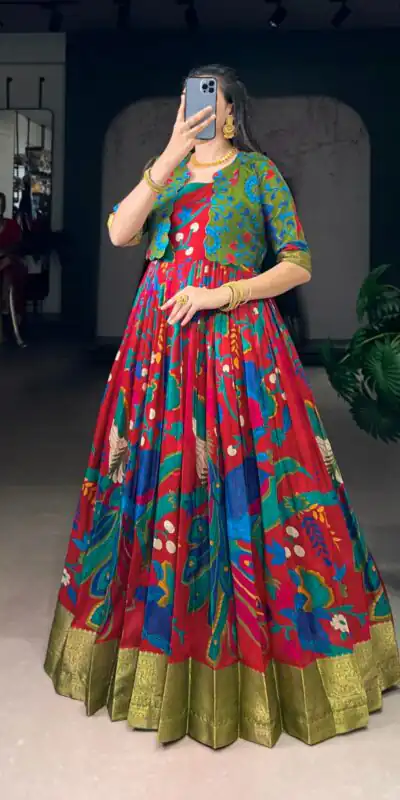 YNF 5035 Maroon in Taser Silk Zari Work & Kalamkari Print Gown . Available at ₹1799 only. Delivery 4-6 Working Days. Shop now. | Gowns, Bollywood Gowns, Creative Gowns, Designer Gowns, Embroidered Gowns, Party Wear Gowns