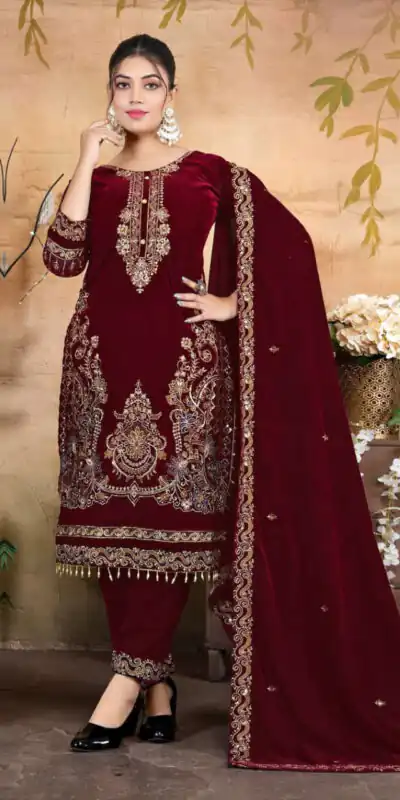 FC 1198 Maroon Velvet Salwar Suit with Embroidery Work & Lace Work. Festive Deal ₹2549. Delivery 4-6 Working Days. Shop now. | Jump Suits, Salwar suit, Casual Suits, Creative suits, Designer Suits, Palazzo Suits, Party Wear Suits, Patiala Suits, Straight Suits