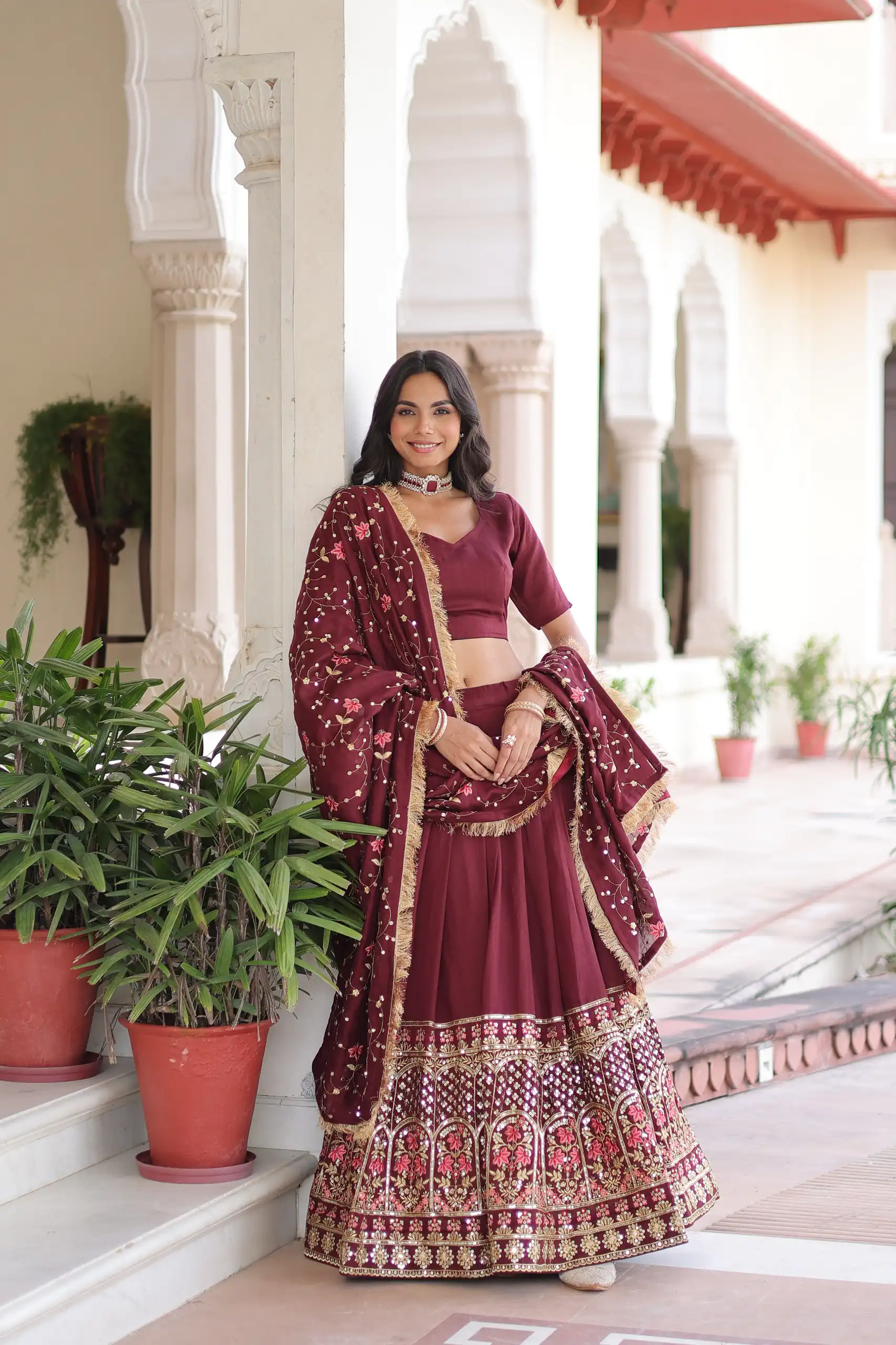 KA 5051 Maroon in Vichitra Silk Embroidery Work & Sequins Work Lehenga Choli . Now at just ₹2499. Delivery 4-6 Working Days. Shop now. | Lehenga, Bollywood Lehenga, Creative Lehenga, Designer Lehenga, Embroidered Lehenga, Party Wear Lehenga
