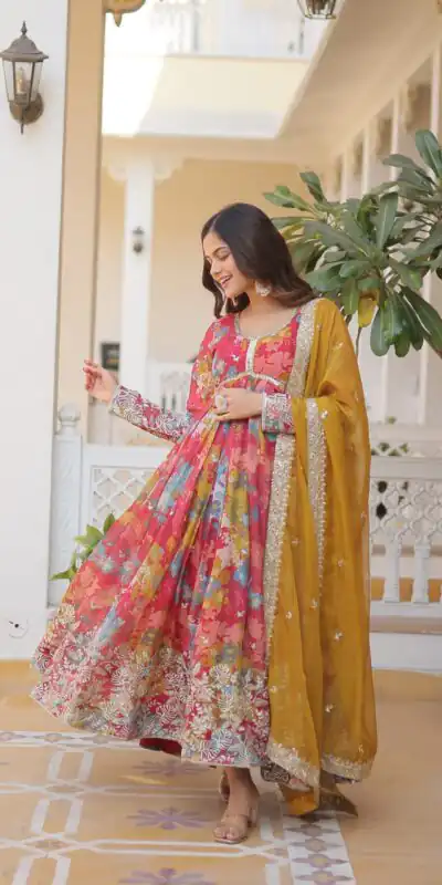 KA 1076 Mustered Russian Silk Gown Perfect for Wedding, Party, Ethnic Day, Haldi, Traditional Day – . Special Price ₹1499. Delivery 4-6 Working Day | Gowns, Bollywood Gowns, Creative Gowns, Designer Gowns, Embroidered Gowns, Party Wear Gowns