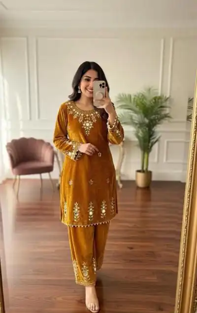 BE 423 Mustered Velvet Salwar Suit with Embroidery Work & Mirror Work. Now at just ₹1849. Delivery 4-6 Working Days. Shop now. | Jump Suits, Salwar suit, Casual Suits, Creative suits, Designer Suits, Palazzo Suits, Party Wear Suits, Patiala Suits, Straight Suits