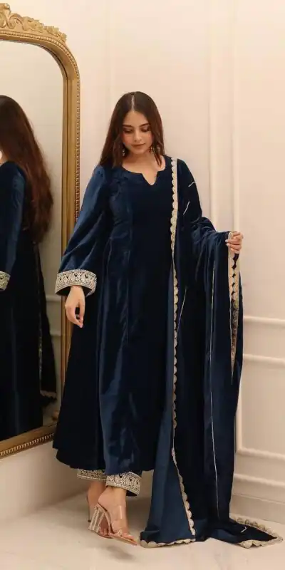 KF 1662 Navy Blue in Color Viscous Velvet Embroidery Work Gown . Exclusive Offer ₹2399. Delivery 4-6 Working Days. Shop now. | Gowns, Bollywood Gowns, Creative Gowns, Designer Gowns, Embroidered Gowns, Party Wear Gowns