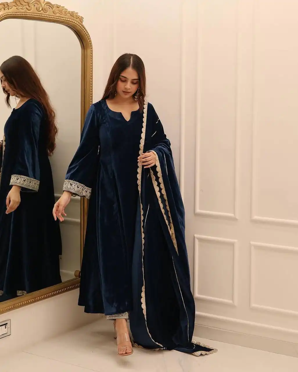 KF 1662 Navy Blue in Color Viscous Velvet Embroidery Work Gown . Exclusive Offer ₹2399. Delivery 4-6 Working Days. Shop now. | Gowns, Bollywood Gowns, Creative Gowns, Designer Gowns, Embroidered Gowns, Party Wear Gowns