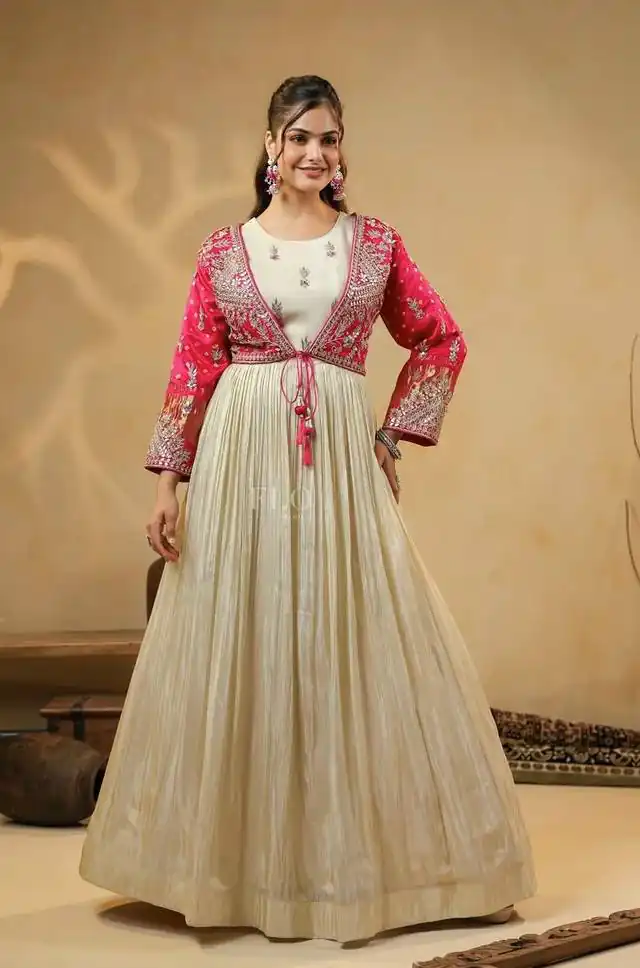 BT 5022 Off White Mono Silk Gown Perfect for Wedding, Party, Housewarming, Sangeet, Pongal – . Available at ₹2149 only. Delivery 4-6 Working Days. | Gowns, Bollywood Gowns, Creative Gowns, Designer Gowns, Embroidered Gowns, Party Wear Gowns