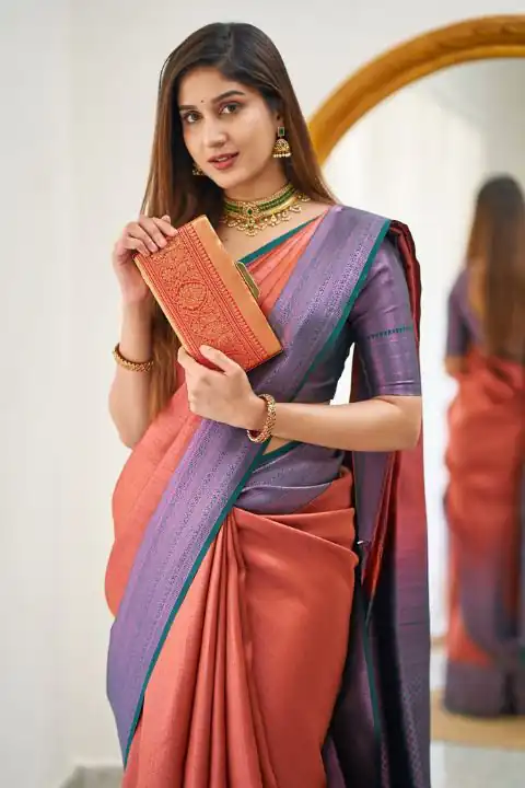 KPR 177 Peach in Soft Lichi Silk Jacquard Work Designer Work Saree . Now at just ₹1449. Delivery 4-6 Working Days. Shop now. | Sarees, Bollywood Sarees, Creative Sarees, Designer Sarees, Embroidered Sarees, Ethnic Saree, Modern Digital sarees, Party Wear Sarees