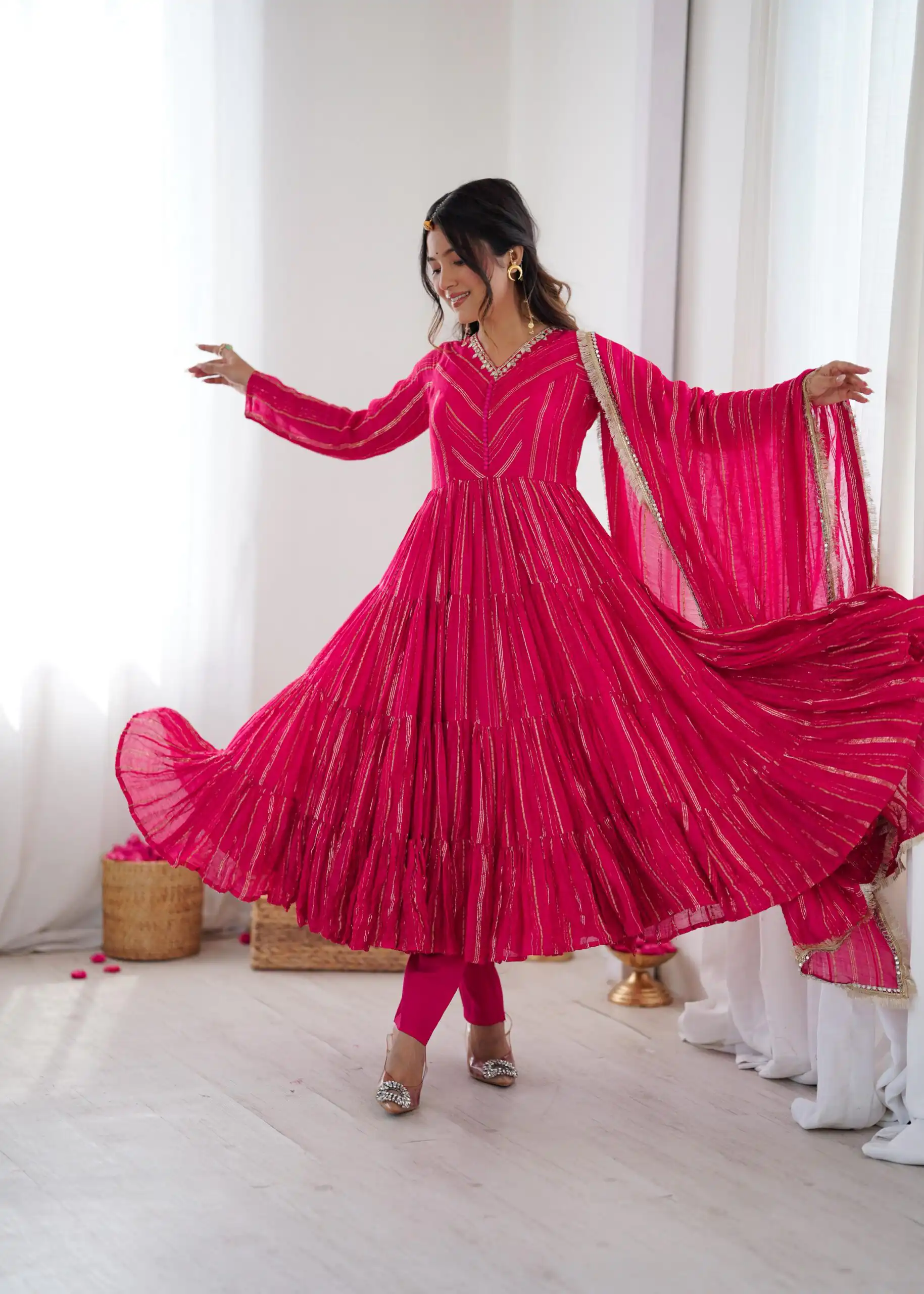 SRK 5305 Pink Color Mal Chanderi Gown with Mirror Work & Lace Work. Grab it for ₹2399. Delivery 4-6 Working Days. Shop now. | Gowns, Bollywood Gowns, Creative Gowns, Designer Gowns, Embroidered Gowns, Party Wear Gowns