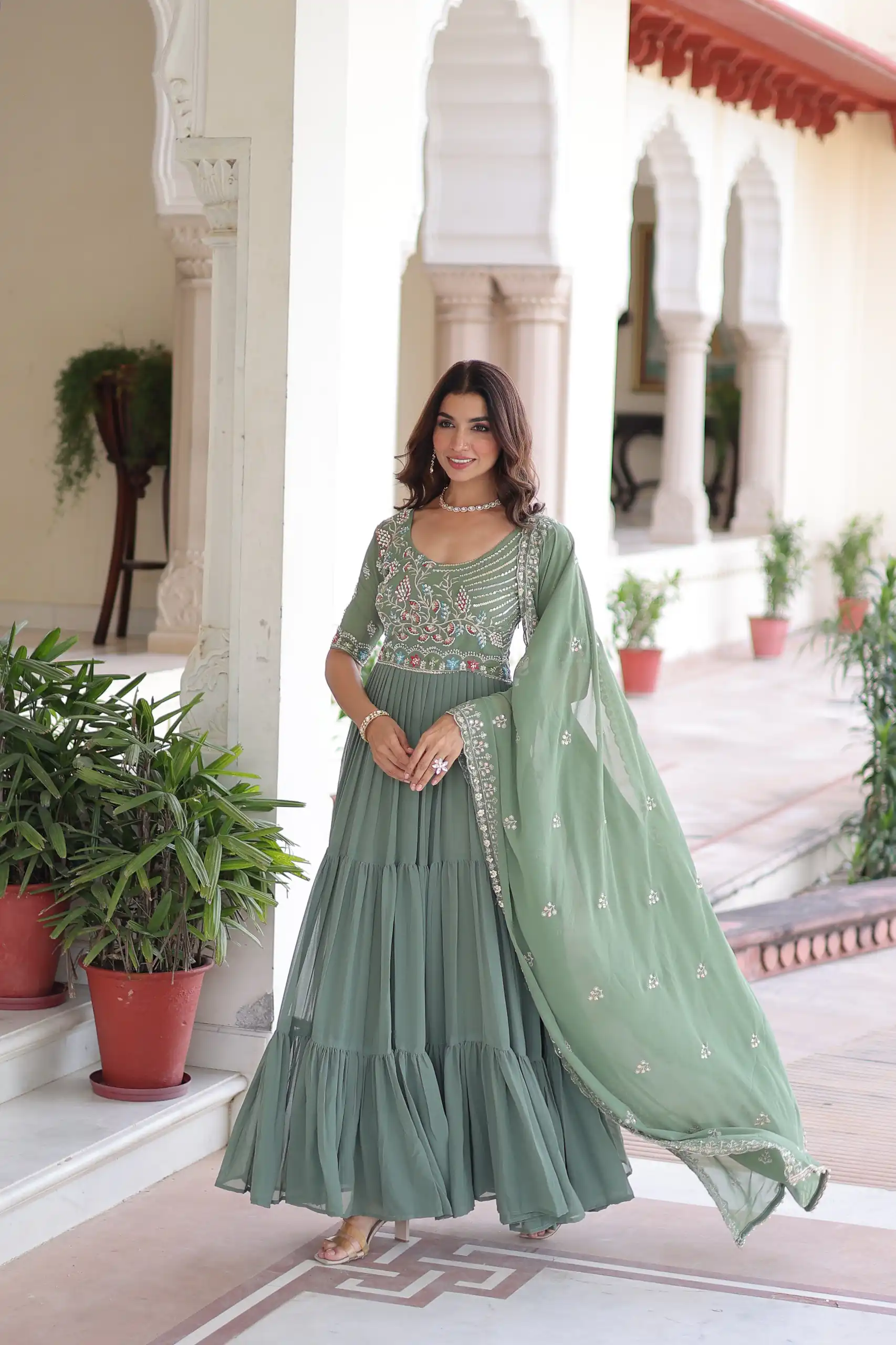 KA 1213 Pista Faux Blooming Gown with Embroidery Work & Sequins Work. Best Price ₹2449. Delivery 4-6 Working Days. Shop now. | Gowns, Bollywood Gowns, Creative Gowns, Designer Gowns, Embroidered Gowns, Party Wear Gowns