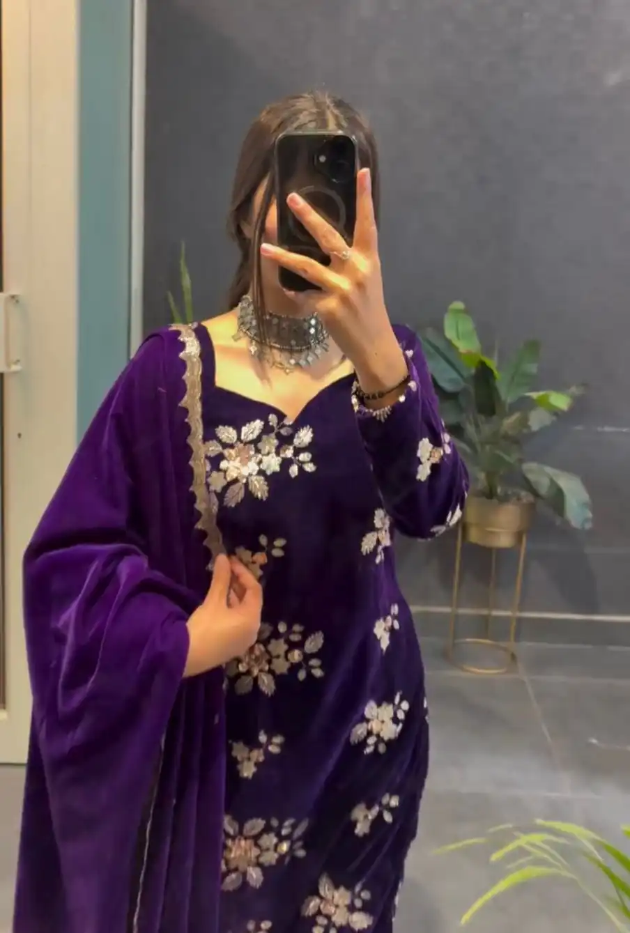 KD 1544 Purple Viscose Velvet Salwar Suit Perfect for Wedding, Party, Makar Sankranti, Onam, Pooja – . Affordable Price ₹1949. Delivery 4-6 Working D | Jump Suits, Salwar suit, Casual Suits, Creative suits, Designer Suits, Palazzo Suits, Party Wear Suits, Patiala Suits, Straight Suits