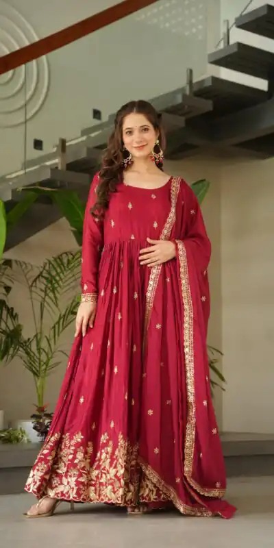 KA 1166 Red Color Chinnon Gown with Zari Work & Embroidery Work. Available at ₹2099 only. Delivery 4-6 Working Days. Shop now. | Gowns, Bollywood Gowns, Creative Gowns, Designer Gowns, Embroidered Gowns, Party Wear Gowns