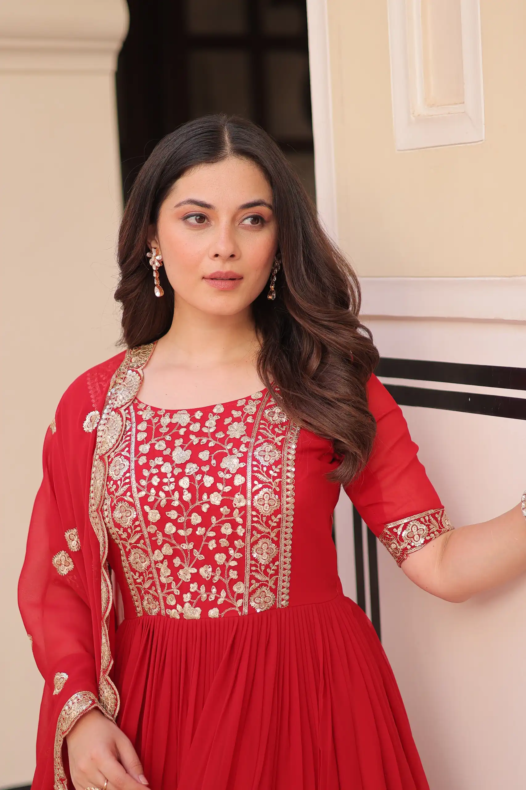 KA 1177 Red in Faux Blooming Embroidery Work & Zari Work Gown . Special Price ₹2049. Delivery 4-6 Working Days. Shop now. | Gowns, Bollywood Gowns, Creative Gowns, Designer Gowns, Embroidered Gowns, Party Wear Gowns