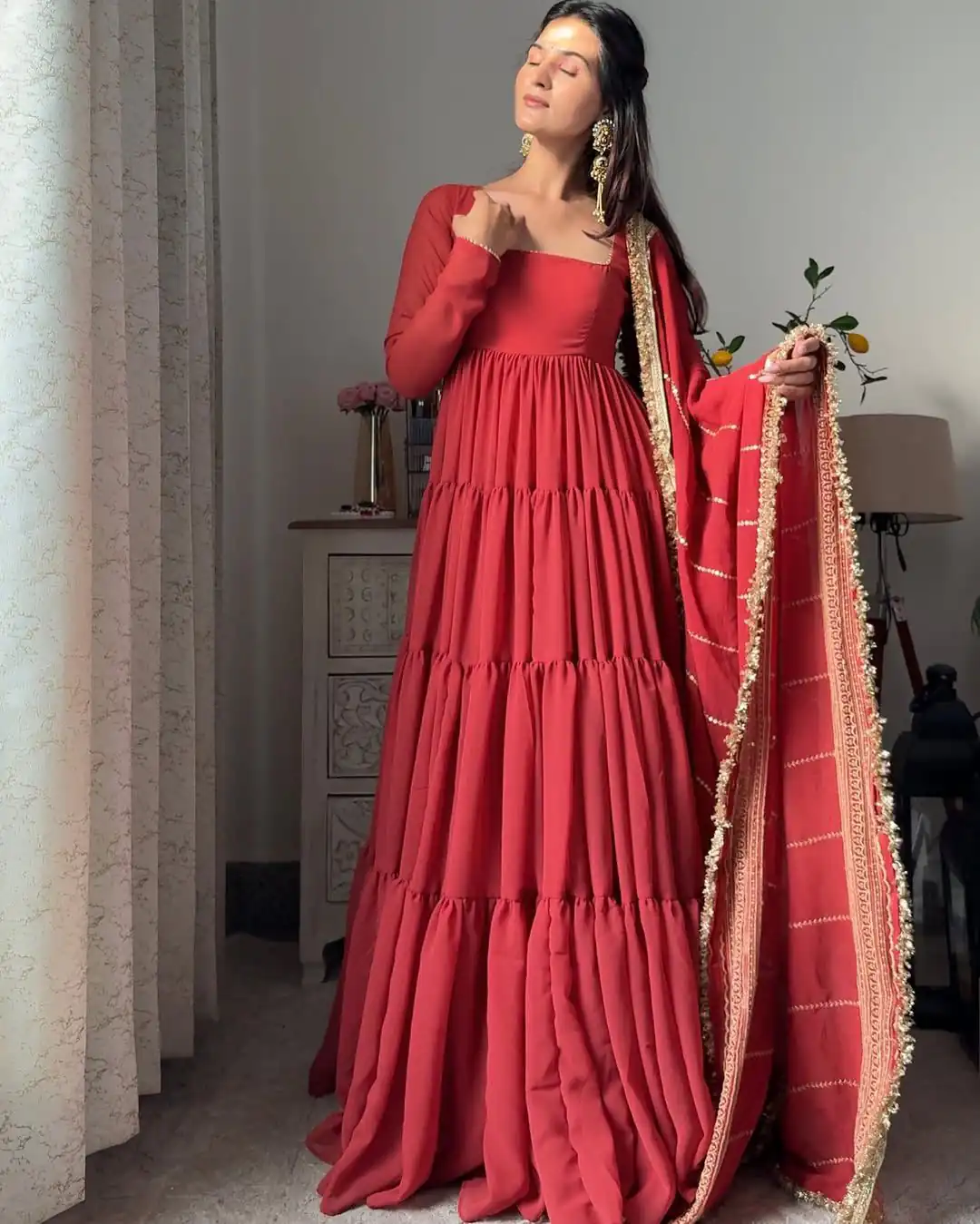 KD 1539 Red Faux Georgette Ruffle Style Gown. Wedding, Party, Festive, Events Grab it for ₹2099. Delivery 4-6 Working Days. Shop now. | Gowns, Bollywood Gowns, Creative Gowns, Designer Gowns, Embroidered Gowns, Party Wear Gowns