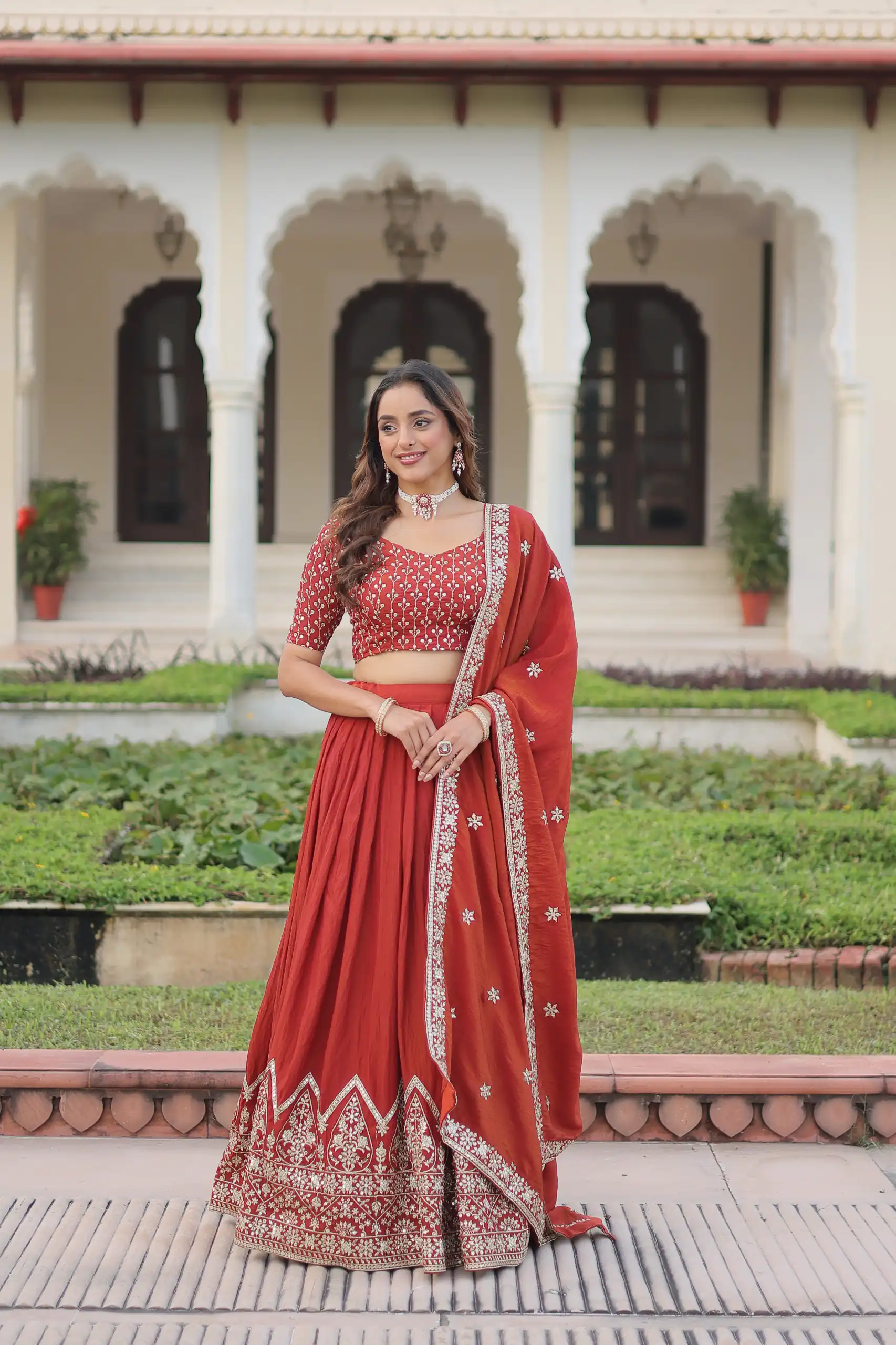 KA 5055 Rust Vichitra Silk Lehenga Choli with Embroidery Work & Sequins Work. Introductory Price ₹3049. Delivery 4-6 Working Days. Shop now. | Lehenga, Bollywood Lehenga, Creative Lehenga, Designer Lehenga, Embroidered Lehenga, Party Wear Lehenga